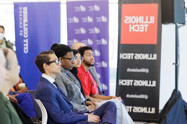Chicago Public School students at a press event announcing Illinois Tech's Runway 606 program at Illinois Tech's Kaplan Institute